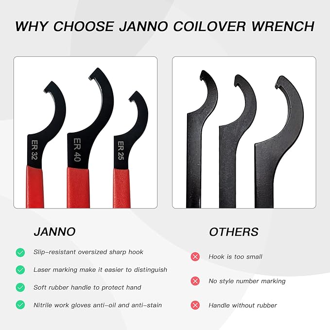 JANNO 6PCS Spanner Wrench Set, Premium Shock Spanner Wrench, Coilover Wrench, Alloy Steel Hook Spanner Wrench for Suspension System and Shock Adjustment