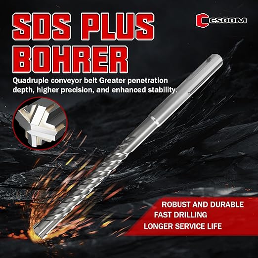 CSOOM SDS Plus Rotary Hammer Drill Bit 3/8"x6.3", Professional Concrete Drill Bit for Concrete, Brick, Stone and Cement Walls