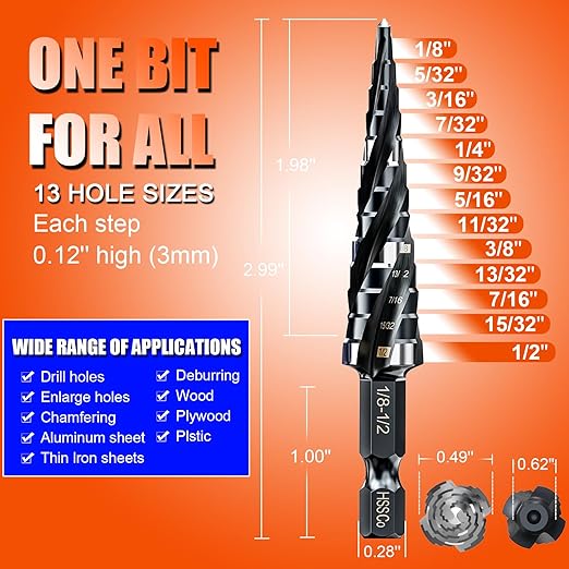 Four Spiral Flute Step Drill Bit for Metal,M35 Cobalt Unibit Step Drill Bit Set 1/8"-1/2"(13 Sizes),Wear-Resistant AlTiN Coated,1/4" Hex Shank for Metal, Stainless Steel, Aluminum, Plastic