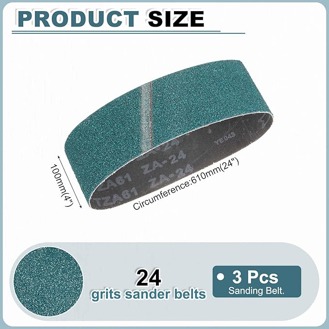 HARFINGTON 4 x 24 Inch Sanding Belts, 3 Pcs 24 Grit Zirconia Abrasive Belt Sander File Belt for Woodworking, Metal Polishing, Knife Sharpener