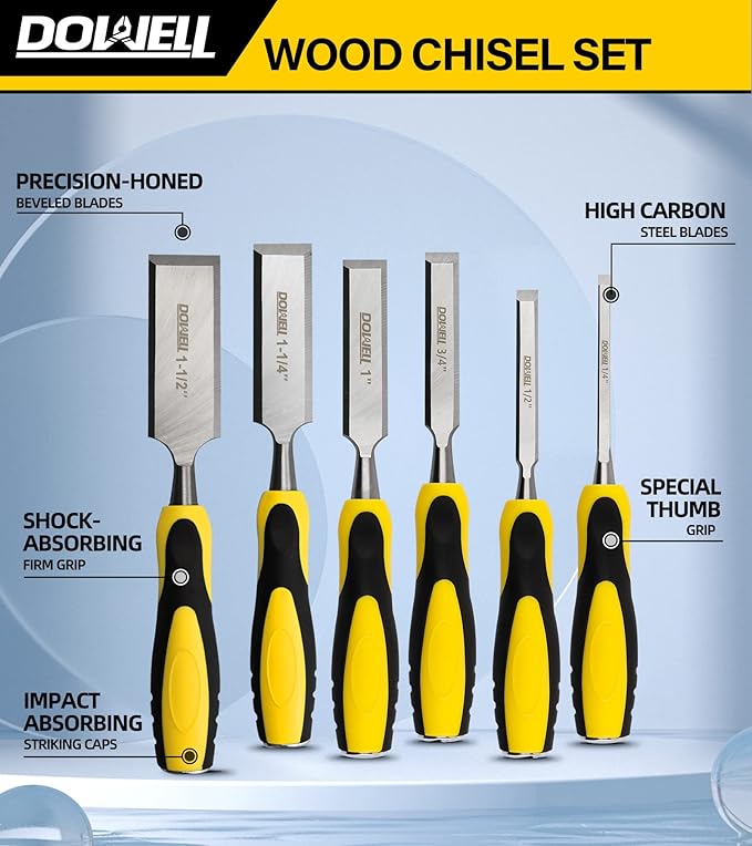 DOWELL 10PCS Wood Chisel Tool Set Sturdy Chisel, 1/4 inch,1/2 inch,3/4 inch,1 inch, 1-1/4",1-1/2"，Honing Guide,Sharpening Stone with Storage Box for Woodworker or Carpentry