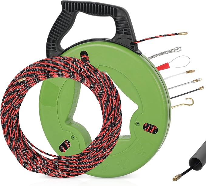 100Ft Fish Tape Wire Puller Through Conduit Thickened Polyester 3 Core Braid Pulling Fish Tape Electrical Fish Tape with Ergonomic Handle Fishtape Wire Pulling Tools with 6 Adapters (4.5mm*30M)