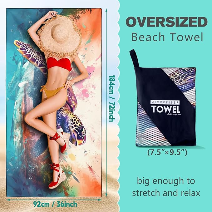 Giant Turtle Beach Towel Oversized 36" x 72", Thin Lightweight Sand Free Quick Dry Microfiber Towel for Swimming Pool Cruise Camping Travel