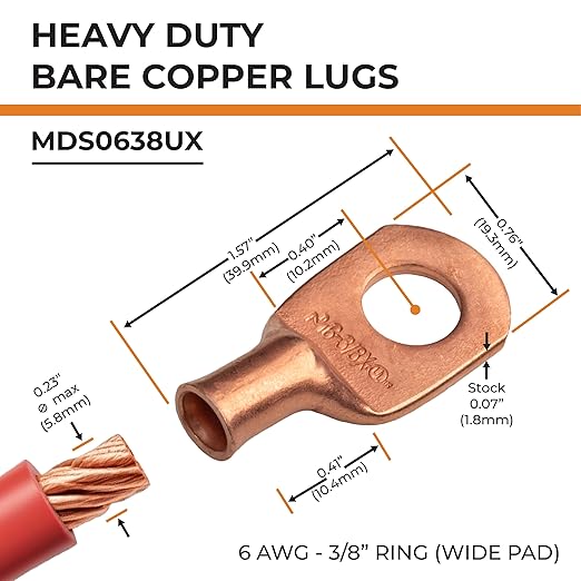 SELTERM 10pcs 6 AWG - 3/8" Stud (Wide Pad) - Battery Lugs, Heavy Duty Wire Lugs, Ring Terminals, Battery Cable Ends,6 Gauge Terminals, UL Bare Copper Eyelets Electrical Battery Terminal Connectors