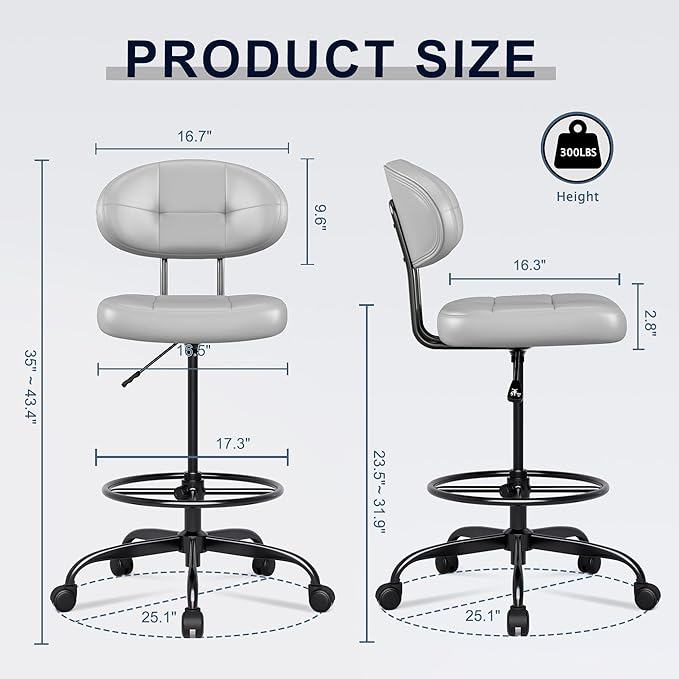 Misolant Drafting Chair, Armless Tall Office Chair with Footrest Ring for Standing Desk, Small Faux Leather Executive Computer Chair with Adjustable Height for Bar Lab Counter Height Desk, Gray