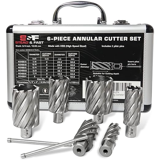 S&F STEAD & FAST Annular Cutter Set, 2 inch Depth of Cut, 7/8, 1-1/8, 1-1/4, 1-1/2, 1-3/4, 2" Cutting Diameter, 3/4 Weldon Shank, Mag Drill Bits Kit for Magnetic Drill Press
