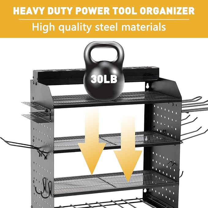 Modular Power Tool Organizer Wall Mount with Charging Station,8 Outlets,4-Layer,6 Drill Holders,4 Hooks,Metal drill holder wall mount,6.5ft Cord,Garage,Workbench,Workshop,Black
