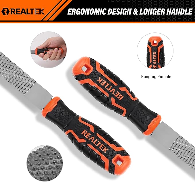 REALTEK 3-Piece 12" Wood Rasp File Set with 4" Longer Rubber Grip, T12 High Carbon Wood File Set for Woodworking, Flat/Half Round/Round Perfect Files for Wood Manual Cutting and Sharping