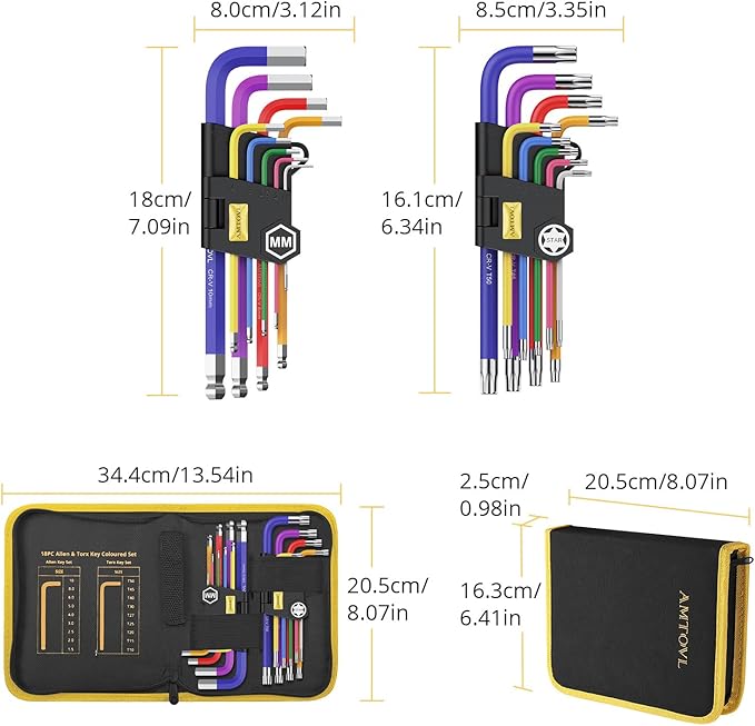AMTOVL Allen Wrenches Sets, 18PCS Hex & Torx Key Set Long Ball End Allen Wrenches - Color-Coded Metric (1.5-10mm) & TORX (T10-T50)