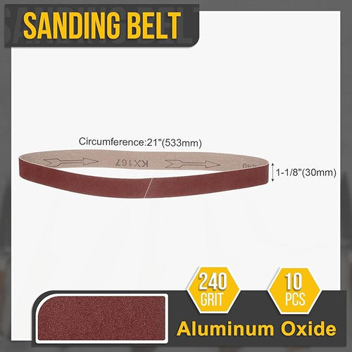 1-1/8 x 21 Inch Sanding Belt, 10 Pcs 240 Grit Knife Sharpener Belts Work Sharpening for Belt Sander Knife Carving Tool Metal Working