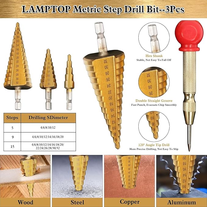 LAMPTOP 26-Pack Woodworking Tools and Accessories Including Countersink Drill Bits, 3-Pointed Countersink Drill Bit with L-Wrench, Wood Plug Cutter, Step Drill Bit, and Automatic Center Punch