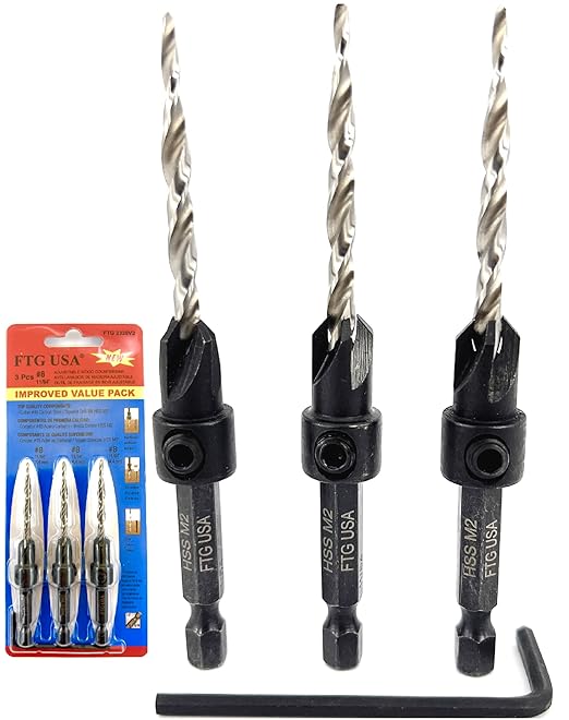 FTG USA Adjustable Wood Countersink Drill Bit Set 3 Pc #8 (11/64") with Tapered Drill Bits for Woodworking