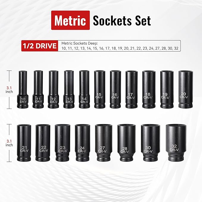 25-Piece 1/2" Drive Socket Set, Metric(10mm-32mm), Deep Sockets, Extension Bars, 1/2" F to 3/8" M Reducer,3/8" F to 1/2" M Reducer, Universal Joint, 6 Point Design, Cr-V