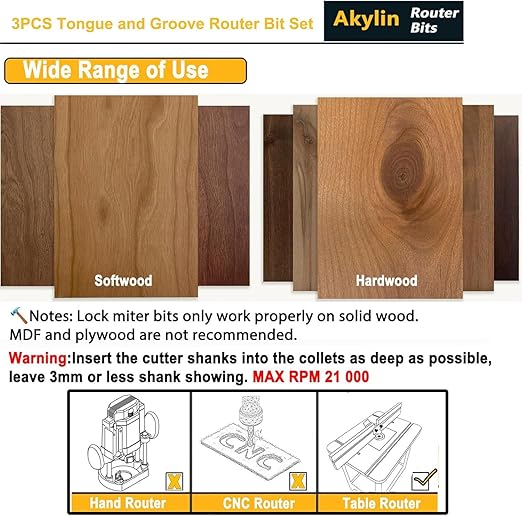 3Pc Tongue and Groove Router Bit Set 1/4 Shank,45 Degree Lock Miter Bit,3 Teeth T Shape Glue Joint Cutter,in Aluminum Case for Wood Cabinet Door/Board Tabletops/Strip Flooring Making