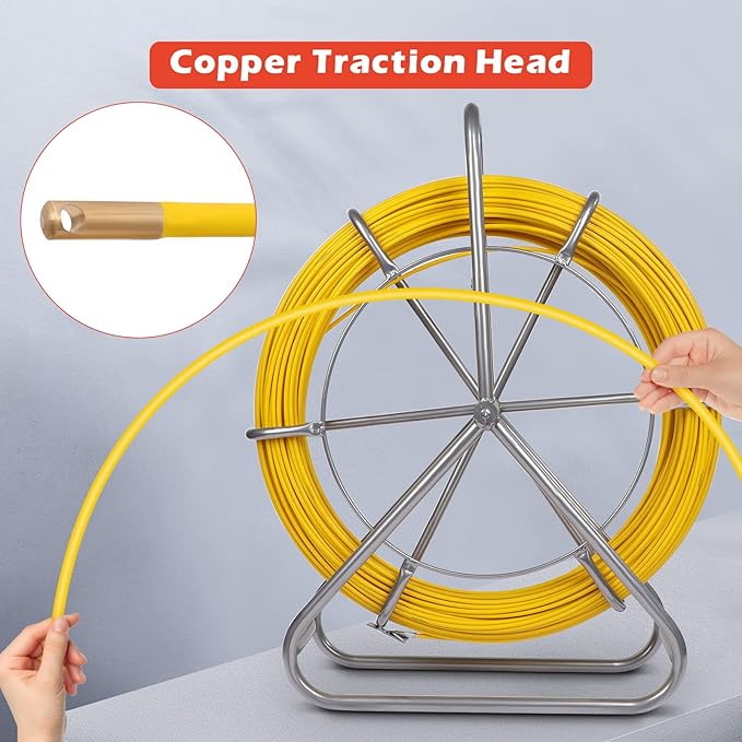 425FT Fish Tape Fiberglass 1/4 inch(6MM) Fishing Wire Puller Duct Rodder Cable Running Electrical Fishtape Tool Rod with Steel Reel Stand through Wall Pipe Length Marking In Meter