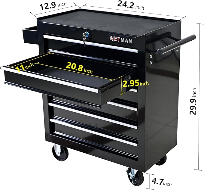 6-Drawer Rolling Tool Chest Cabinet, Large Capacity Metal Tool Box with Wheels and Keyed Locking, Roll Around Storage Organizer Tool Cart for Garage, Warehouse, Work Shop (Black03)