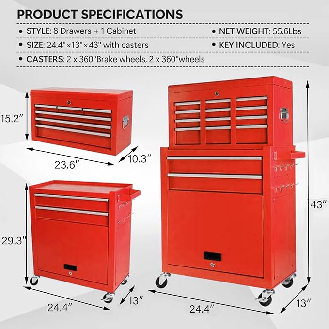 Rolling Tool Chest with Wheels, 8-Drawer Tool Box Organizer with Lock, Detachable Top Cabinet, Sliding Drawers, Tool Storage Cabinet for Garage & Workshop, Red