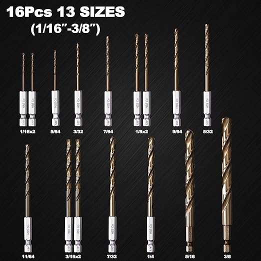 Hex Shank Cobalt Drill Bit Set 16Pcs 1/16"-3/8", M35 HSS Twist Impact Drill Bits for Metal and Hardened Steel, with Indexed Storage Case