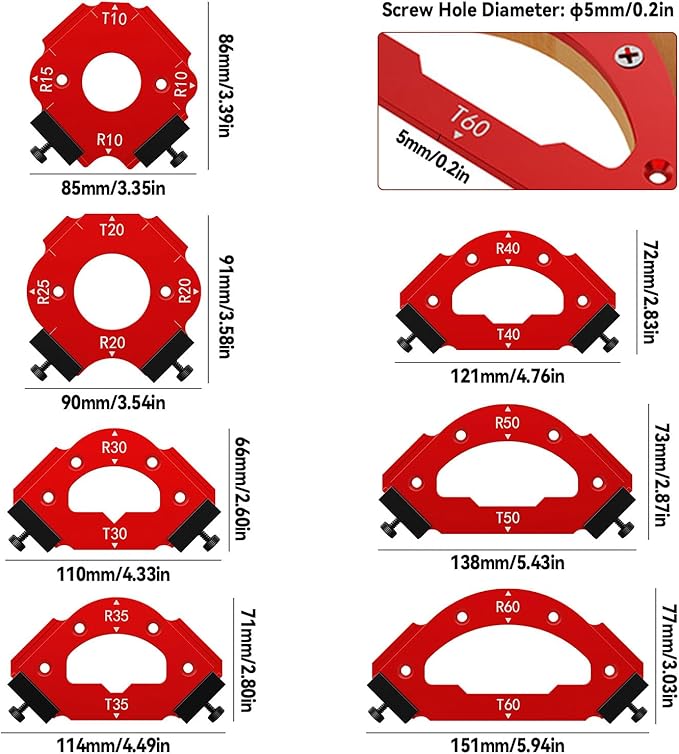 7pcs Radius Jig Router Template, 3 in 1 Corner Radius Routing Template Quick Jig Router Bit Templates Arc Cutting Auxiliary Tool R10 T10 R15 R20 T20 R25 R30 T30 R35 T35 R40 T40 R50 T50 R60 T60