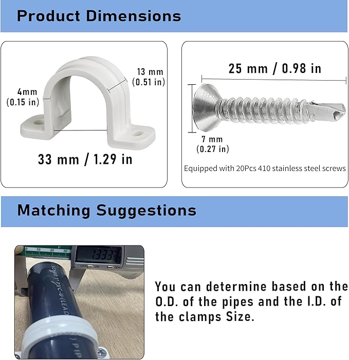 10 Set Pipe Clamps,SCH 1 in (32 MM) PVC Pipe Strap Clips,Two Hole Plastic Pipe Clamps,Conduit Strap Clamps