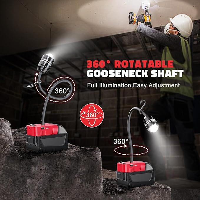 LIVOWALNY 2000LM LED Work Light Compatible with Milwaukee 18V Battery, 20W Flood Light, 12" Flexible Gooseneck, Flashlight Lights with USB-A & Type-C Charging Port, Low Voltage Protection (No Battery)