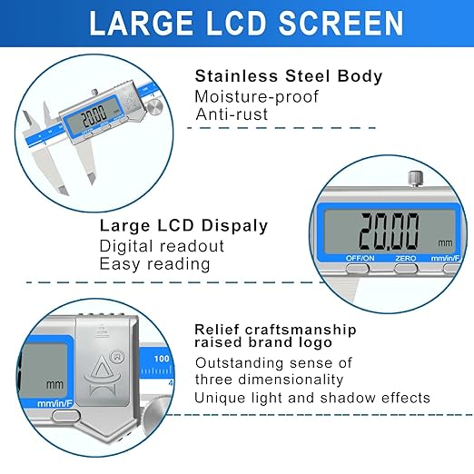 Digital Caliper 6 Inch Measuring Tool Stainless Steel Vernier Caliper Digital Micrometer with Large LCD Screen,Auto-Off Feature, Inch/Millimeter/Fraction Conversion Measuring Tool Caliper