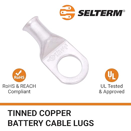SELTERM 10pcs 4 AWG-1/2 Stud Tinned Copper Wire Lugs, Heavy Duty Battery Cable Ends,4 Guage Ring Terminals, UL Battery Lugs Marine Grade Copper Eyelets Electrical Battery Terminal Connectors