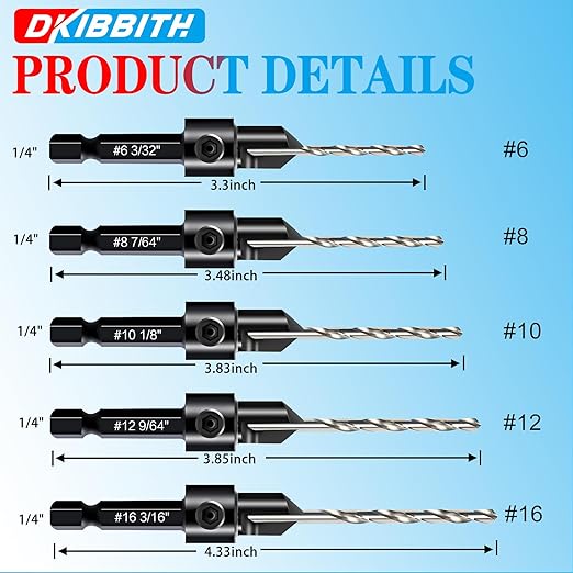 DKIBBITH 12-Piece Countersink Drill Bit Set with 5 Spare Bits, 2 Limit Rings, 1 Hex Key, 2 Screws & Case - 3-in-1 Wood Countersink Bit for #6#8#10#12#16 Screws, 82°Chamfer, Depth Adjustable.
