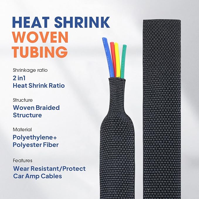2 to 1 Heat Shrink Woven Tubing Abrasion Resistant Braided Sleeving Shrinkable Fabric Loom Protector for Auto Amp Harness Sheath Cable(1/2" ID-300inch)