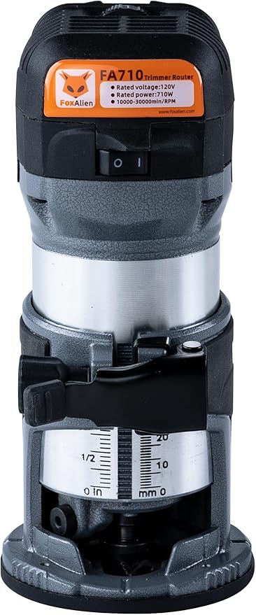 FoxAlien 1HP 710W 65mm Diameter Compact Palm Router for CNC Woodworking,6 Variable Speeds Max 30000 R/MIN Wood Trimmer with 1/4” Collet (110V)