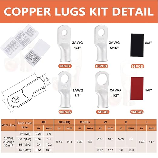 62PCS 2 AWG Tinned Ring Terminal Heat Shrink Tubing Set Copper Wire Lugs 2 Gauge 5/16", 3/8", 1/4", 1/2", 30Pcs Battery Cable Ends and 32PCS Heat Shrink Tubing