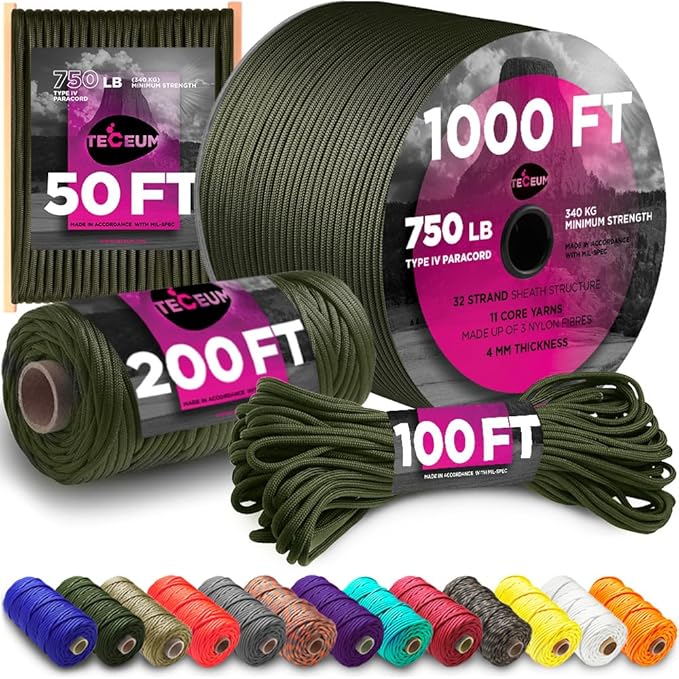 TECEUM 5/32" Paracord Rope 1000 – 1000ft / 200ft / 100ft / 50ft – Tactical Parachute Cord 4mm – 45+ Colors – Nylon String for Survival & Camping Gear – Stripe Cord for Survival – Utility Rope