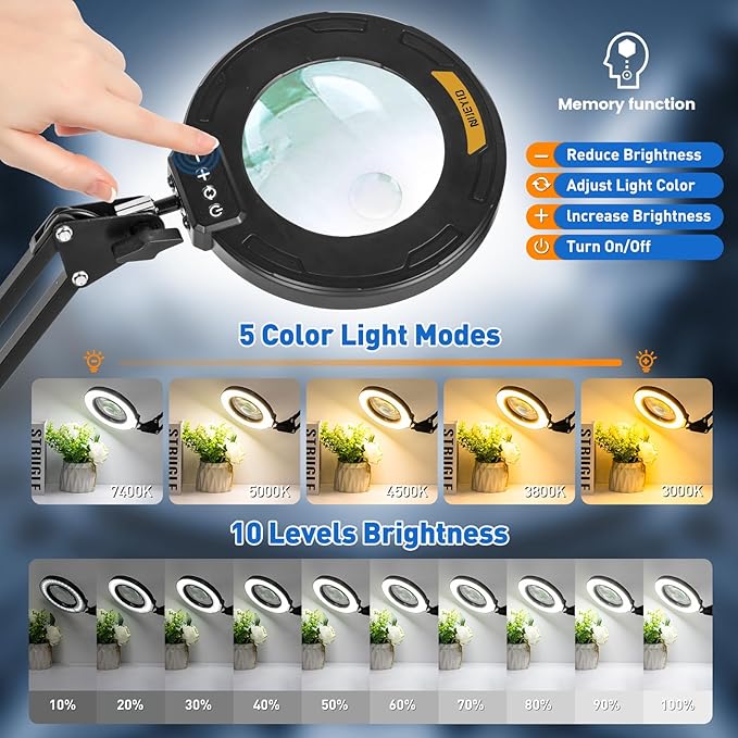 Ultra Long 3-Section Swing Arm 12X 30X Magnifying Glass with Light and Stand, 4-Way Large Strong Metal Clamp Lighted Magnifier Lamp, 5 Color Modes LED Magnifying Lamp for Workbench Crafting