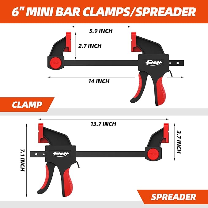 6" Bar Clamps for Woodworking, 4-Piece One-Handed Clamp/Spreader, Light-Duty Quick-Change F Clamp with 170 lbs Load Limit