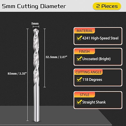 Drill Bit, 5mm Cutting Diameter, 4241 HSS 118° Cutting Angle Uncoated Bright Versatile Jobber Bits - (Applications: for Drilling Plastic Wood Soft Metal), 2-Pieces