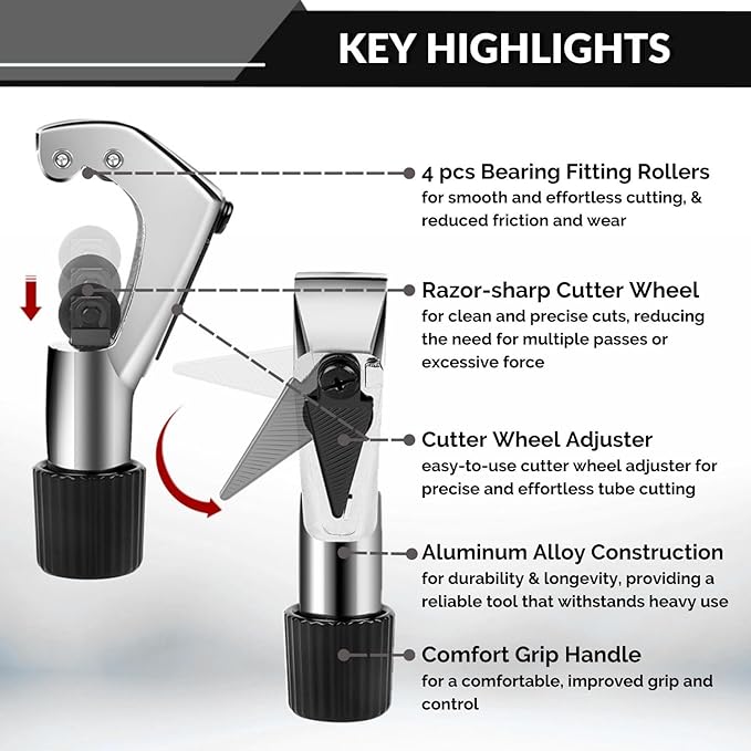 Flexzion Tube Cutter, Heavy Duty Tubing Pipe Cutter, 1/8 to 1-1/8 inch Cutting Diameter w/Reamer, Ideal for Cutting Copper, Aluminum, Brass, Steel, Plastic and More