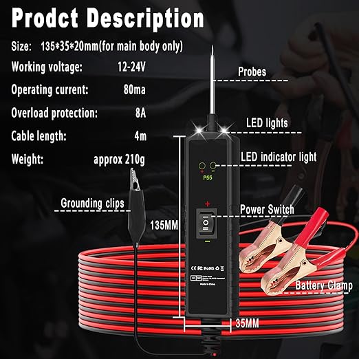 Power Circuit Probe Tester 12V-24V DC Test Light,Car Fuse Tester Tool Short Circuit Located,Auto Electrical Tester Kit Component Polarity Identify with Overload Protection,P55 Auto Test Probe