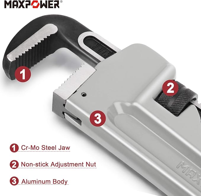 MAXPOWER 30-inch Pipe Wrench, Aluminum Straight Plumbing Wrench Heavy Duty Adjustable Pipe Wrench
