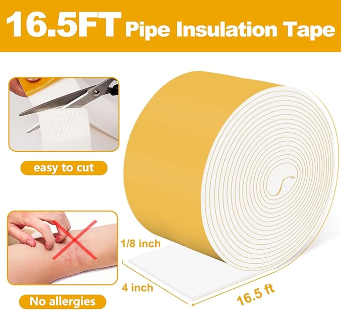 Pipe Insulation Tape, Pipe Wrap Insulation Foam Tape Self Adhesive, Outdoor Water Pipe Insulation Roll for HVAC, AC Line Insulation, 4 inch x 16.5 FT Heat Tape for Water Pipe, White