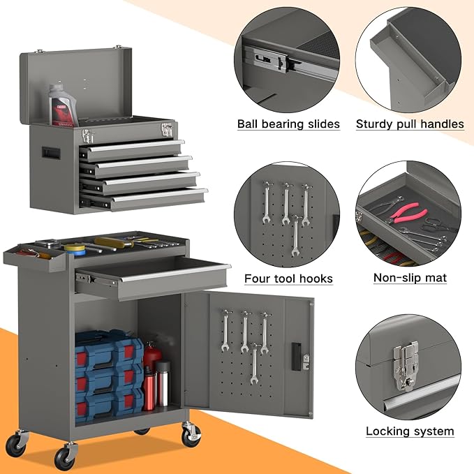 5-Drawer Rolling Tool Chest,Garage Storage Tool Box with Wheels,Lockable and Detachable Tool Cabinet,Heavy Duty Metal Tool Cart with Wheels for Garage,Warehouse,Workshop (Gray)