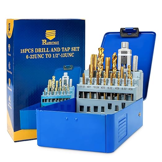 18Pcs SAE Drill and Tap Set with 1Pc Tap Wrench, M2 HSS Thread Tap Set from 6-32 UNC to 1/2"-13 UNC, Combination of Drill and Tap Set for Metal,with Metal Indexed Box