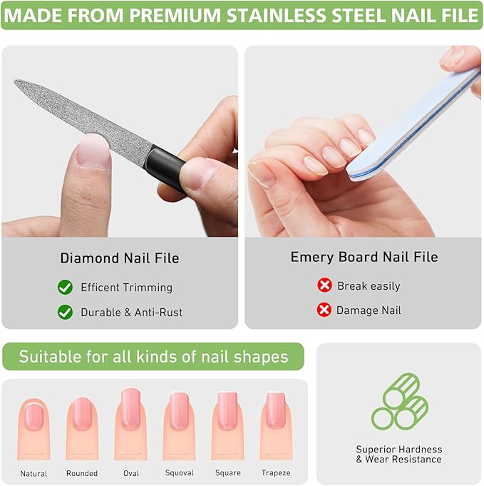 BALUCA Stainless Steel Diamond Nail File for Natural Acrylic Nails, Double Sided Metal Fingernail Toenail File for Women, Durable and Efficient Nail Care Tool - Black