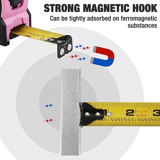 WORKPRO 16FT Pink Tape Measure, 1/8 Fractions Easy Read Measuring Tape, Retractable Nylon Coating Measurement Tape Accuracy 1/32, Magnetic Hook, Belt Clip, Rubber Protective Casing