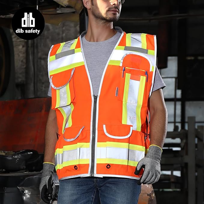Dib Safety Reflective Vest Heavy Duty, High Visibility Two Tone Engineer Vest, Made with 3M Tape, Padded Collar, Retractable ID Pocket, Orange L