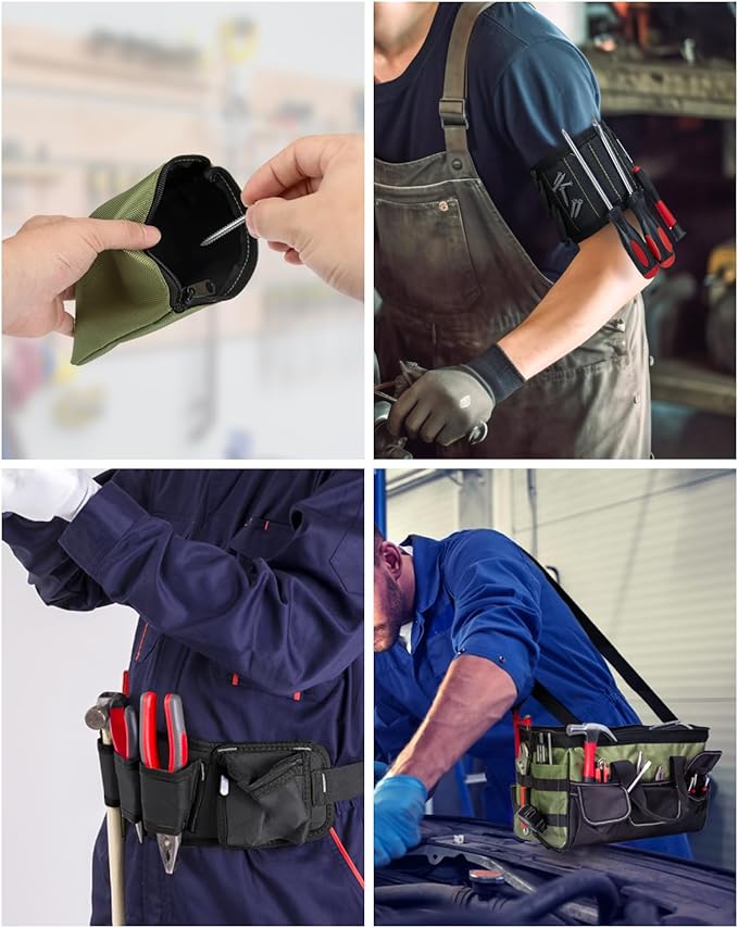 12 Inch Small Tool Bag-48 Pockets,1680D Tear&Abrasion Resistant,Includes Tool Pouch,Tool Belt,Magnetic Wristband&Adjustable Shoulder Strap | Tool Organizer(Green)
