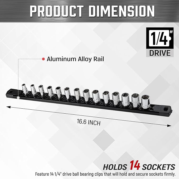 ALOANES 1/4-Inch Drive Magnetic Socket Organizer, Heavy Duty Aluminum Socket Rail Organizer, 360° Swivel Clips Socket Holder Kit for Tool Box, 1/4-Inch Socket Holder x 14 Clips (Black)
