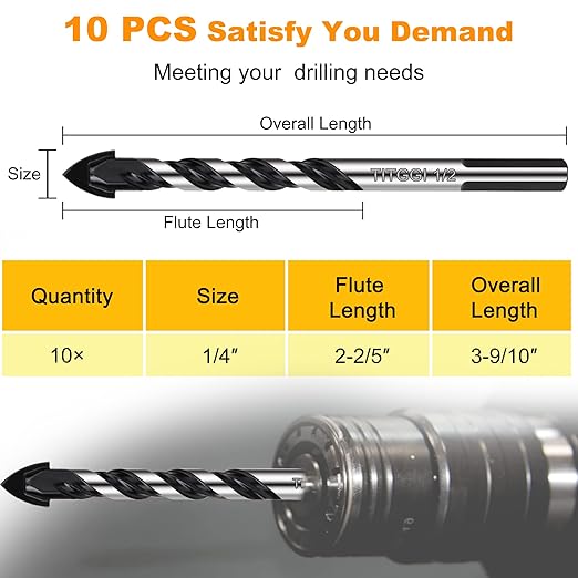 TITGGI 1/4" (10PCS) Masonry Drill Bit Set & Cement Drill Bits, Professional Concrete Drill Bit Set for Glass/Brick/Plastic/Cement/Wood/Tile/Etc, Industrial Strength Carbide Drill Bit Tip