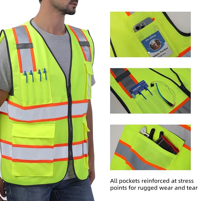 Dib Safety Reflective Vest High Visibility Two Tone with Pockets and Zipper, ANSI Class 2 Compliant, Yellow with Orange Trim XL