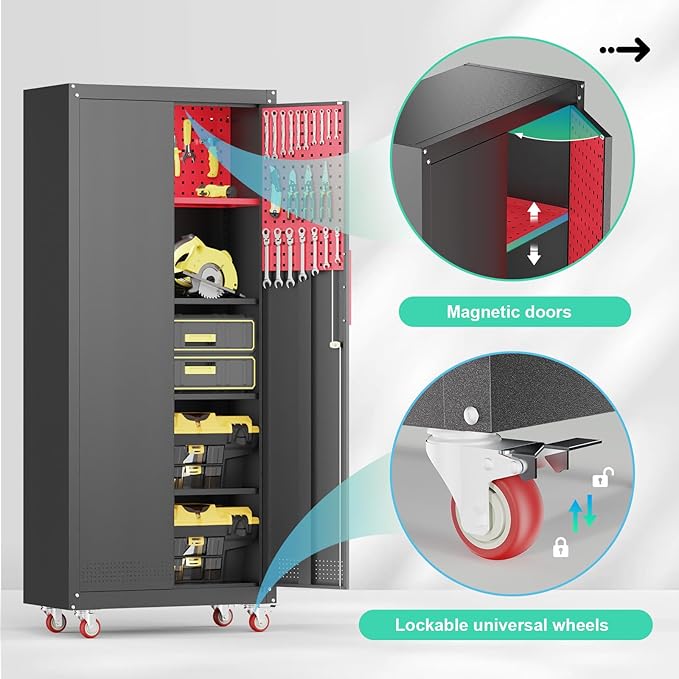 71" Metal Garage Storage Cabinet, Metal Garage Cabinets with Wheels,Tool Storage Cabinet with 5 Adjustable Shelves, Locking Steel Tool Cabinets for Home,Basement,Warehouse