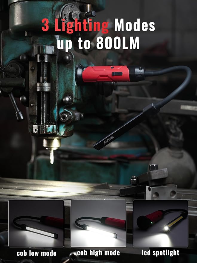 Rechargeable Work Light Magnetic, 800LM LED Work Light with Flexible Gooseneck, 3 Modes Mechanic Light for Work Bench, Auto Repair, Lathe, Gift for Men